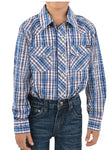 PURE WESTERN BOLT BOYS CHECK WESTERN LONG SLEEVE SHIRT - NAVY/BLUE