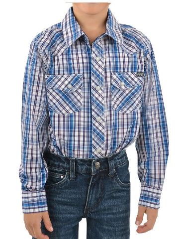 PURE WESTERN BOLT BOYS CHECK WESTERN LONG SLEEVE SHIRT - NAVY/BLUE