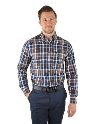 THOMAS COOK ROYCROFT MENS CHECK 1 POCKET LONG SLEEVE SHIRT - NAVY/BROWN