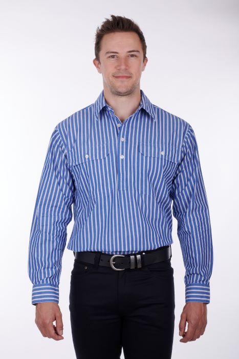 Hardslog Charlie Mens 1/2 Placket Long Sleeve Shirt - Blue/white