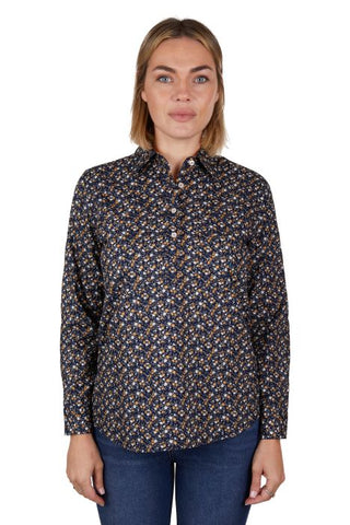 HARDSLOG SHARON HALF PLACKET LONGSLEEVE SHIRT - NAVY/TAN [SZ:8]