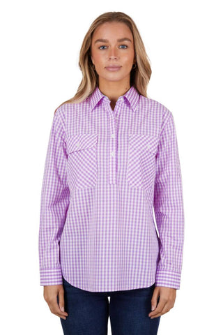 HARDSLOG WOMENS AYLA HALF PLACKET LONG SLEEVE SHIRT - LAVENDER [SZ:8]