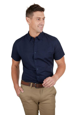 THOMAS COOK LINEN TAILORED MENS SHORT SLEEVE SHIRT - NAVY [SZ:XS]