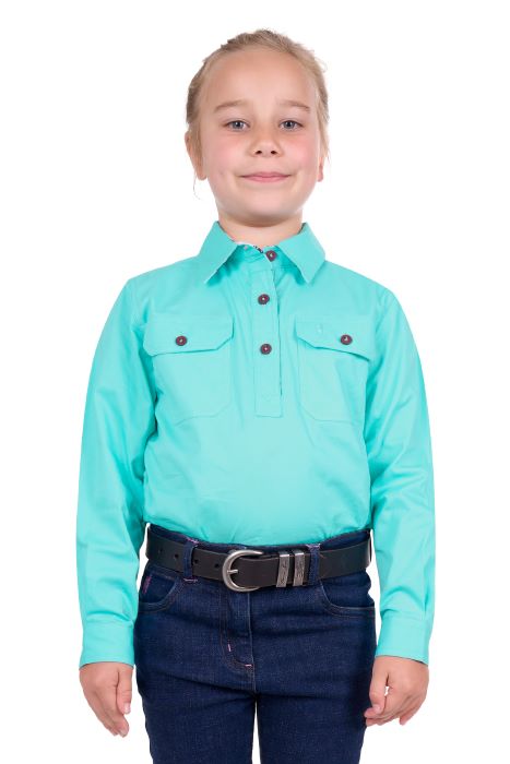 THOMAS COOK GIRLS LIGHT DRILL HALF PLACKET LONG SLEEVE SHIRT - AQUA [SZ:2]
