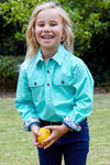 THOMAS COOK GIRLS LIGHT DRILL HALF PLACKET LONG SLEEVE SHIRT - AQUA [SZ:2]