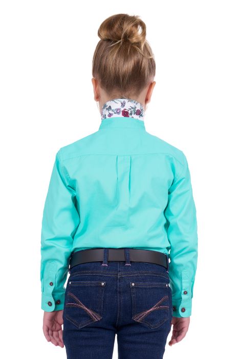 THOMAS COOK GIRLS LIGHT DRILL HALF PLACKET LONG SLEEVE SHIRT - AQUA [SZ:2]