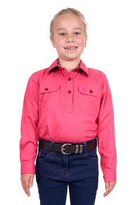 THOMAS COOK GIRLS LIGHT DRILL HALF PLACKET LONG SLEEVE SHIRT - WATERMELON [SZ:2]