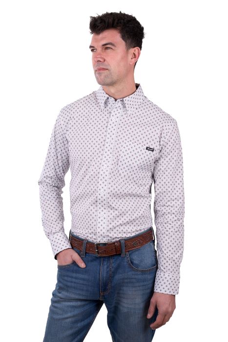 WRANGLER MENS KNOX LS SHIRT - WHITE/DARK TAN [SZ:M]