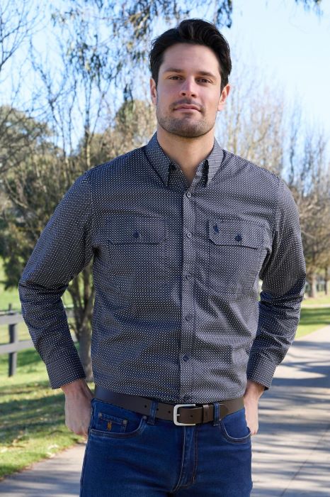THOMAS COOK MENS ARLO 2 POCKET LONG SLEEVE SHIRT - NAVY/TAN [SZ:S]