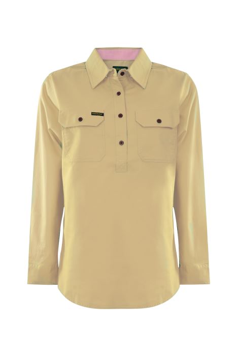 Hardslog Half Placket Womens Light Cotton Long Sleeve Shirt - Yellow [sz:10]