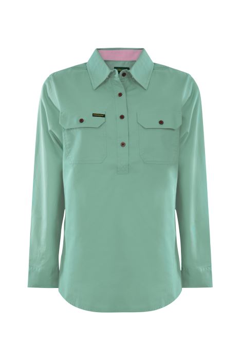 Hardslog Half Placket Womens Light Cotton Long Sleeve Shirt - Sage [sz:12]