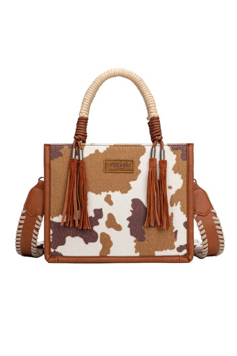 Wrangler Cow Print Tassel Crossbody Bag - Tan