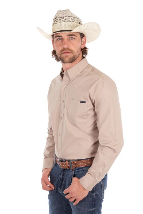 Wrangler Mens Flex 1pkt Ls Shirt - Sand [sz:l]