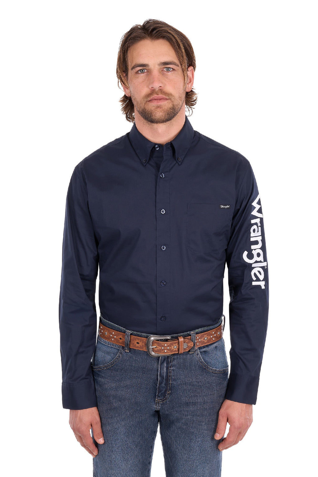 Wrangler Mens Flex Logo 1pkt Long Sleeve Shirt - Navy [sz:l]
